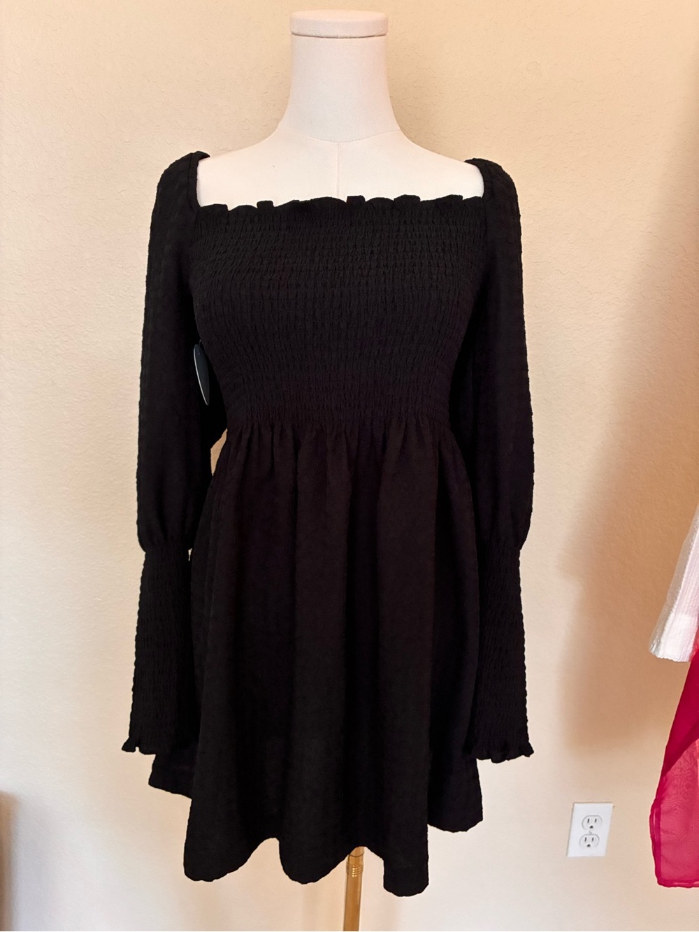 Hill House Black Smocked Square-Neck Long Sleeve Mini Dress